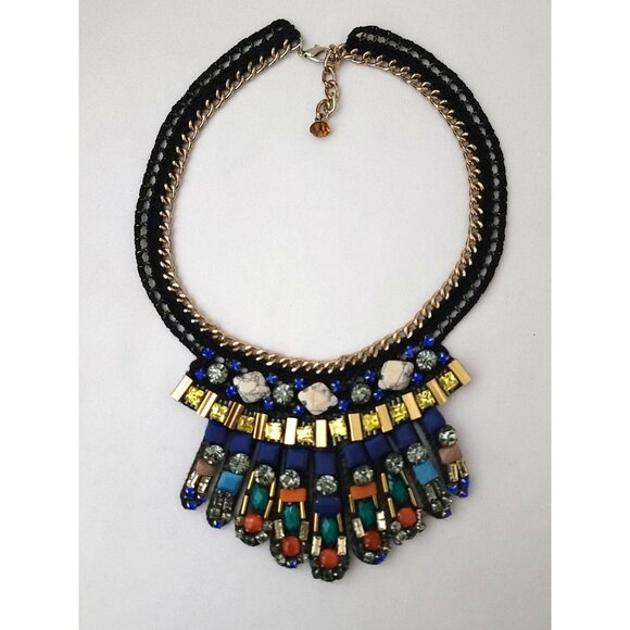Nocturne Anthropologie Multicolor Statement Necklace w/ Chain & Gemstone Accents - Picture 1 of 8